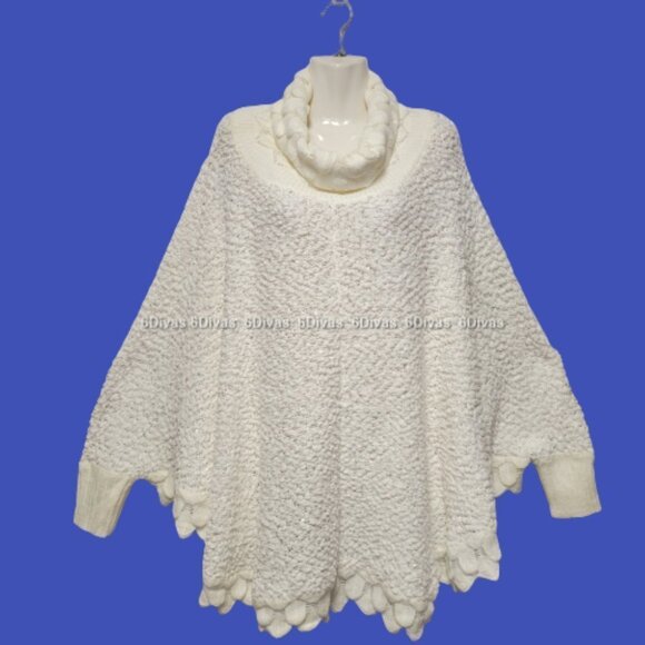 Glitter Sparkly Knit Long Sleeve Turtleneck White Poncho - Picture 11 of 11